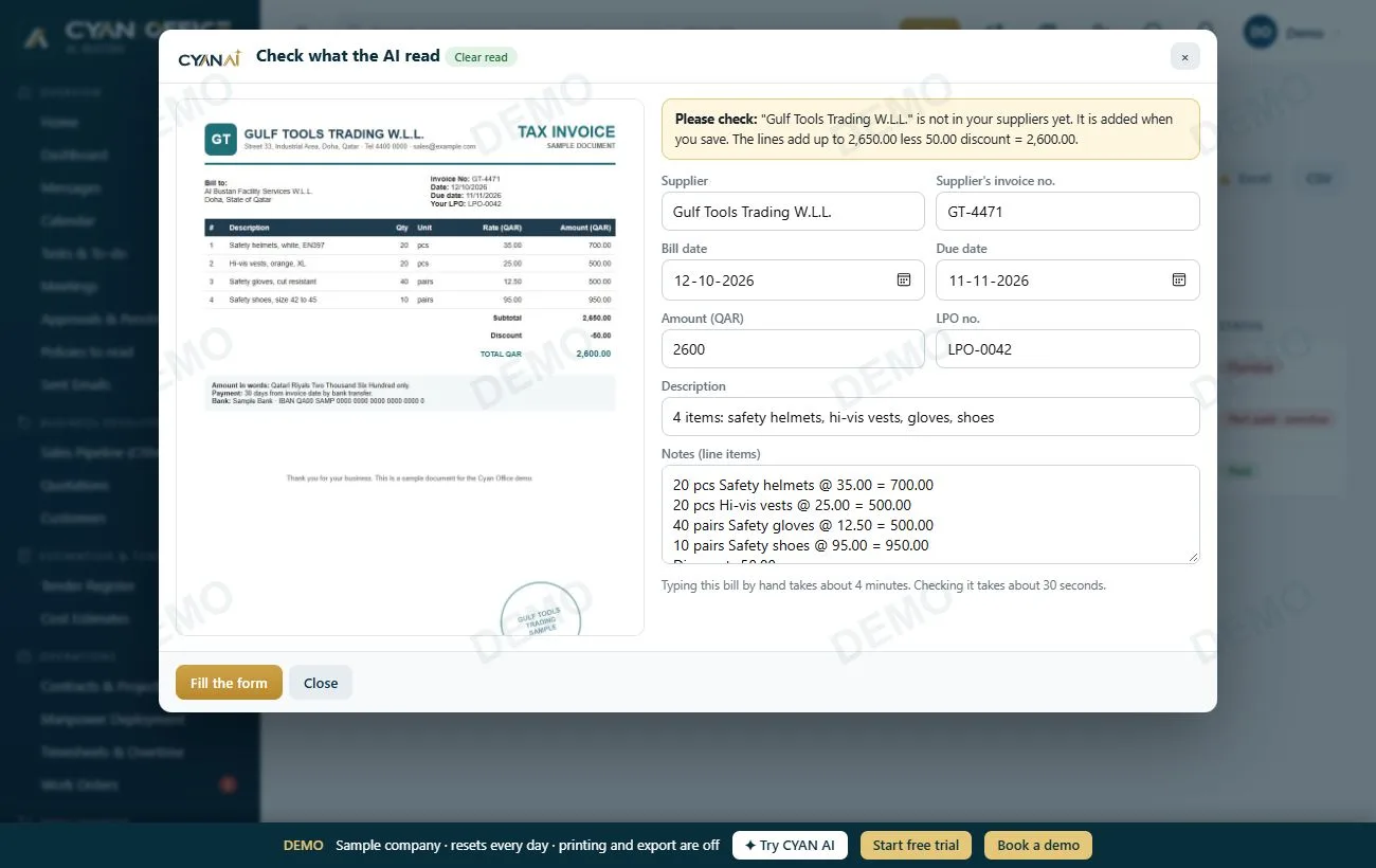 CYAN AI has read a supplier bill: the form is filled, ready to check and save
